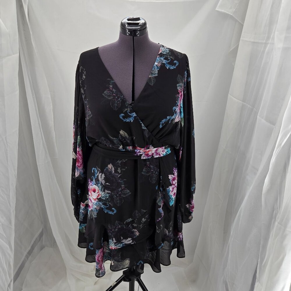 718-4 NEW City Chic Ottilie Dark Roses long-sleeve Mini dress Size 18 NWT